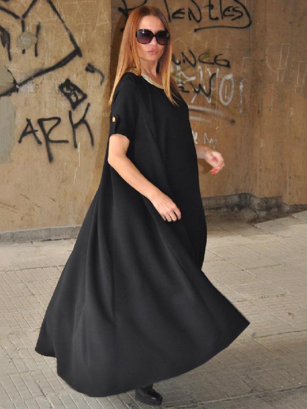 Black Round-neck High-low Short-sleeves Long Dress