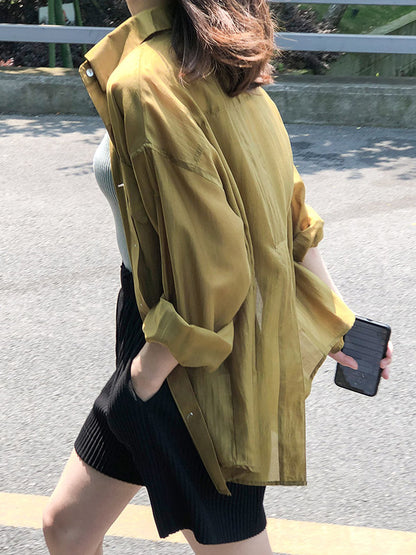 Casual Loose Solid Color Lapel Collar Long Sleeves Shirts