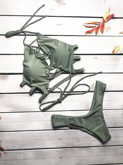 Sexy Lace Up Solid Bikinis Swimwear