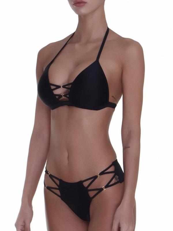 Solid Color Bandage Hollow Split Bikini Swimsuit