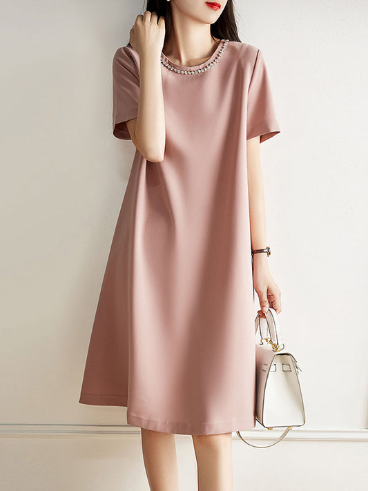 Simple Solid Color H-Line Back-Zipper Round-Neck Midi Dress