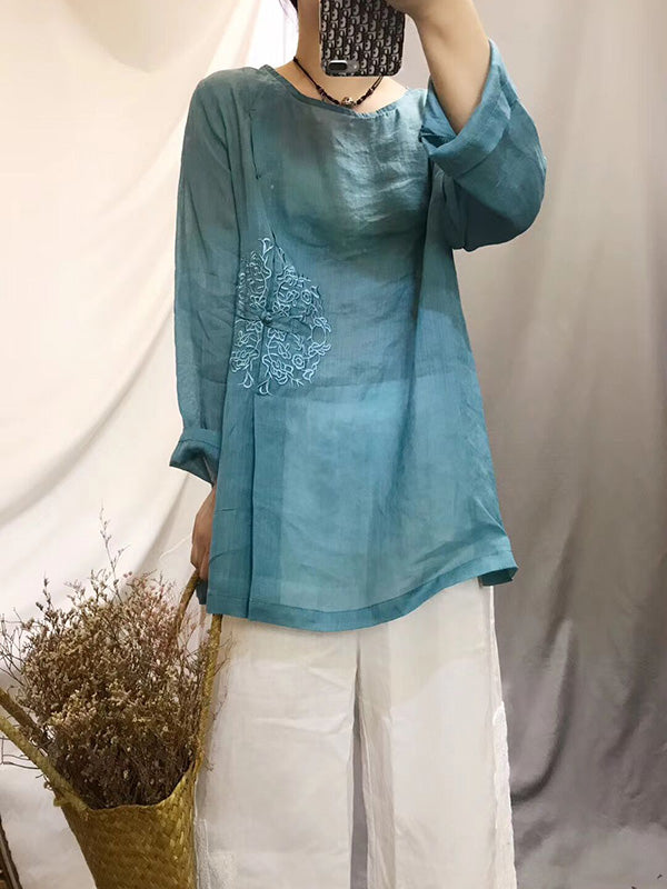 Vintage Ramie Cotton Embroidered Round-Neck T-Shirt Tops