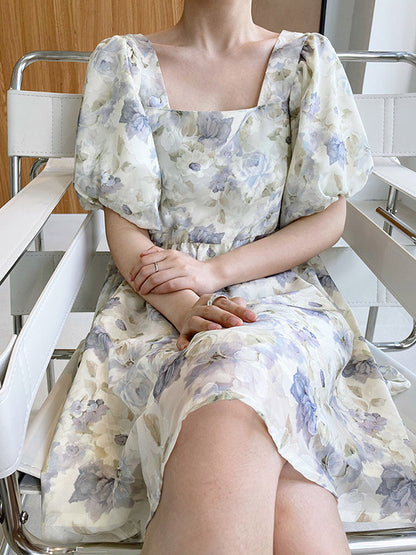 Original Floral Printed Square-Neck Puff Sleeve Mini Dress