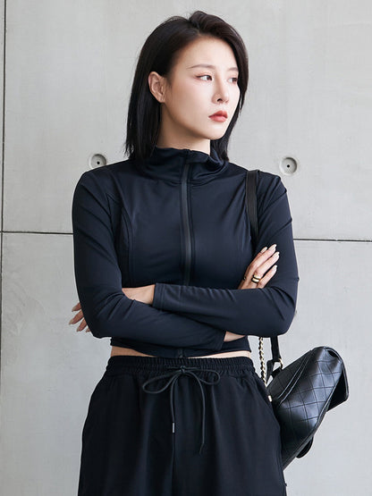Sports Solid Color Zipper Stand Collar Long Sleeves Outwear