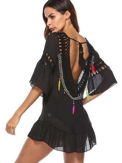 Plain Hollow Short Sleeves Cover-Ups Swimwear