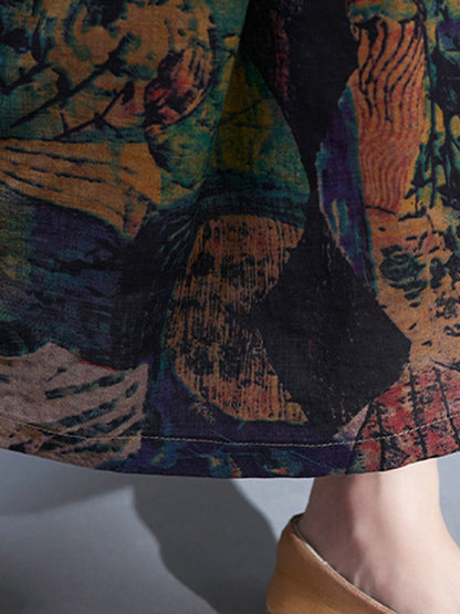 Stylish Printed Round-Neck Loose Batwing Sleeve Midi Dress