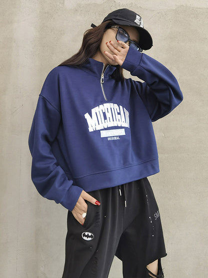 Casual Letter Printed Zipper High-Neck Long Sleeves Sweatshirts