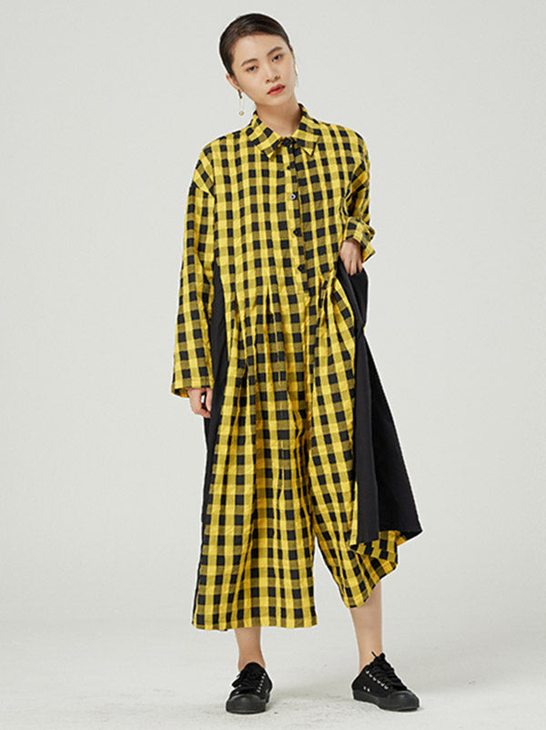 Casual Loose Long Sleeve Plaid Jumpsuits Bottoms