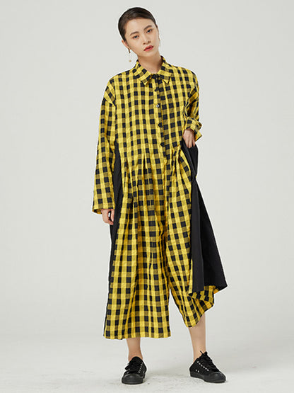 Casual Loose Long Sleeve Plaid Jumpsuits Bottoms