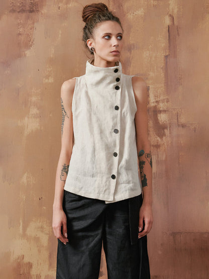 Vintage Ramie Cotton Split-Side Sleeveless Stand Collar Vest Top