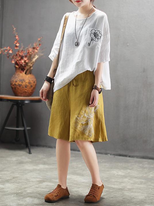 Vintage Embroidered Round-neck Solid T-shirt