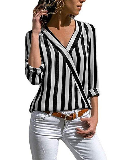 Striped V-neck Loose Blouses&shirts Tops
