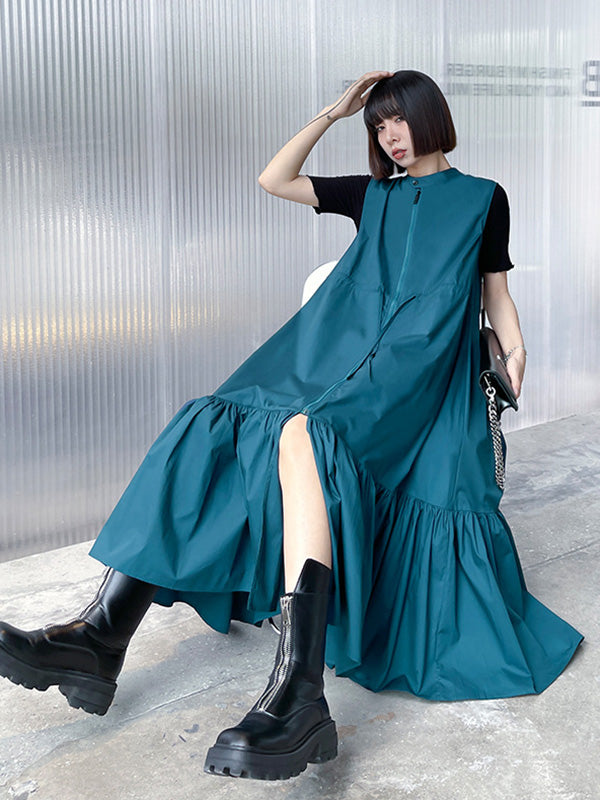 Simple Zipper Pleated Stand Collar A-Line Sleeveless Midi Dress