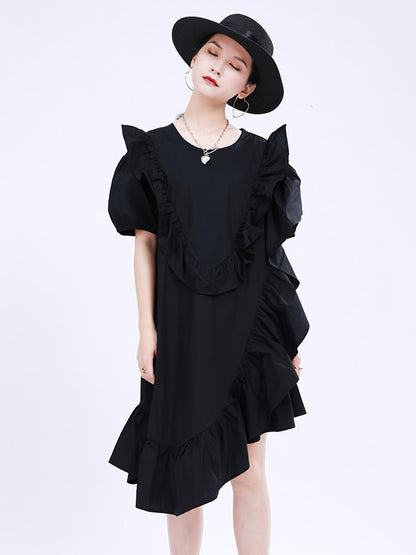 Original Irregular Solid Color Split-Joint Falbala Round-Neck Short Sleeves Midi Dress