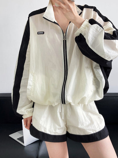 Original Casual Sports Sun-Protection Contrast Color Zipper Outwear&Shorts 2 Pieces Set