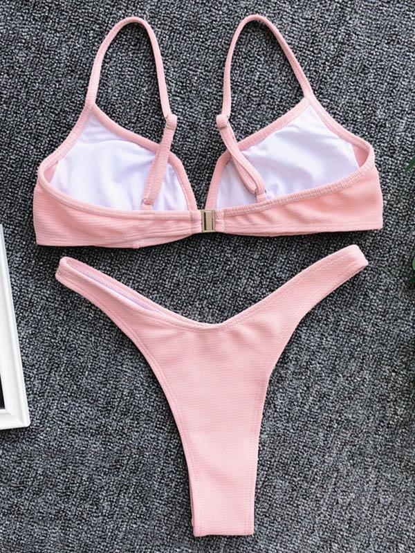 V-Neck Solid Color Split Bikini Swimsuit