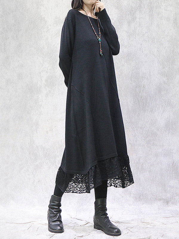 Artistic Retro Solid Color Split-Joint Embroidered Hollow Lace Round-Neck Long Sleeves Knitted Sweater Dress