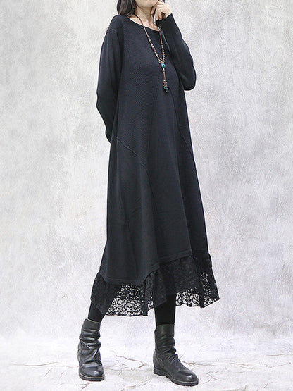 Artistic Retro Solid Color Split-Joint Embroidered Hollow Lace Round-Neck Long Sleeves Knitted Sweater Dress