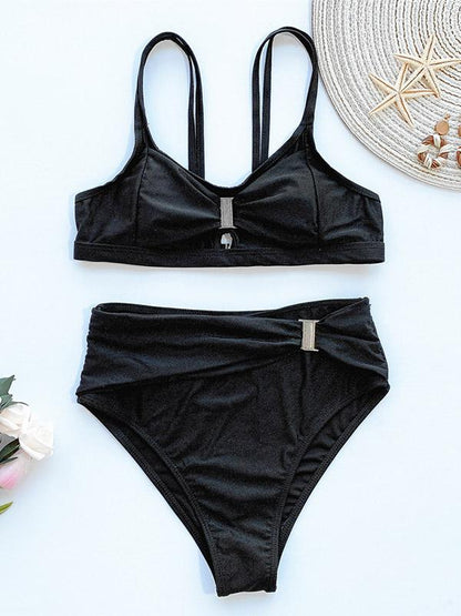 Solid Color Belted Split Bikini Swimsuit
