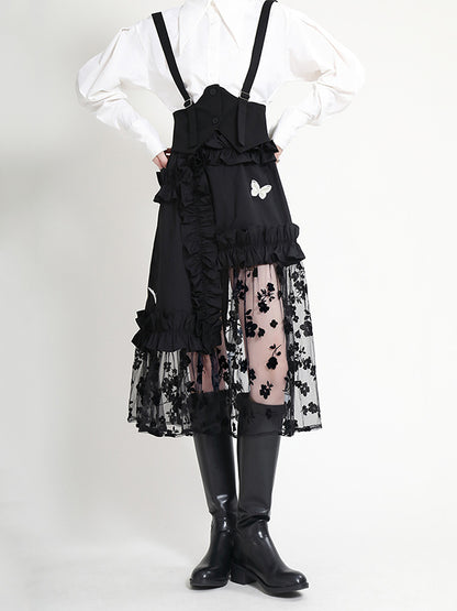Stylish Mesh Hollow Embroidered Elasticity Split-Joint Strap Skirt