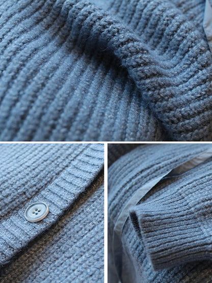 Casual Loose Solid Color Split-Joint With Pocket Buttoned Drawstring Hooded Long Sleeves Knitted Cardigan Outwear