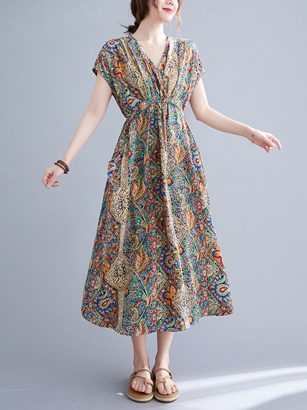 Original Artistic Retro Loose Floral Printed Vacation Midi Dress