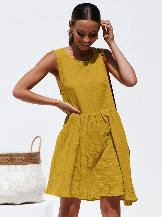 Fashion Round-neck  Sleeveless Pleated Mini Dresses