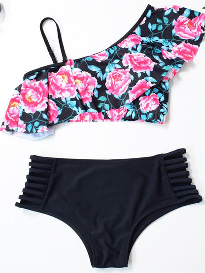Sexy Single Shoulder Falbala Printed Tankini