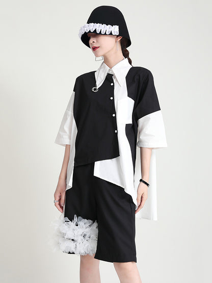 Urban Split-Joint Buttoned Asymmetric Lapel Blouses
