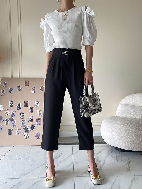 Original Contrast Color Puff Sleeves Cold Shoulder T-Shirt Top