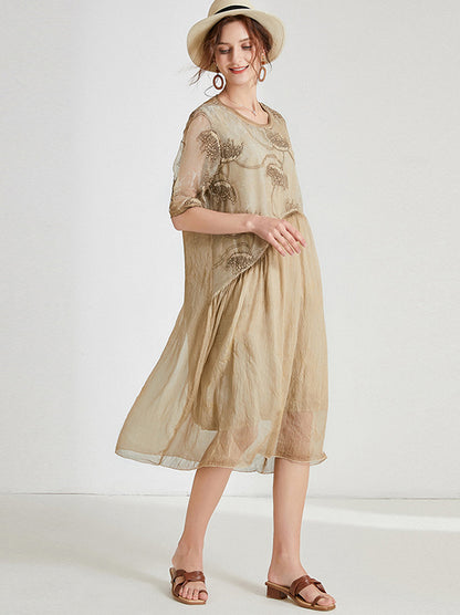 Original Artistic Retro Loose Embroidered Pleated Split-Joint Midi Dress