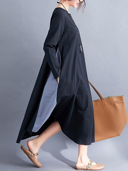 Loose Simple Black Split-joint Round-neck Long Dress