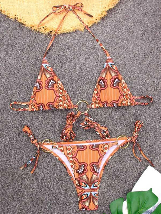 Triangles Bandage Metal Ring Split Bikini Swimsuit
