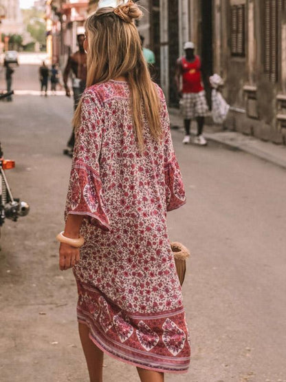 Printed V-nek Loose Hollow  Midi Dress