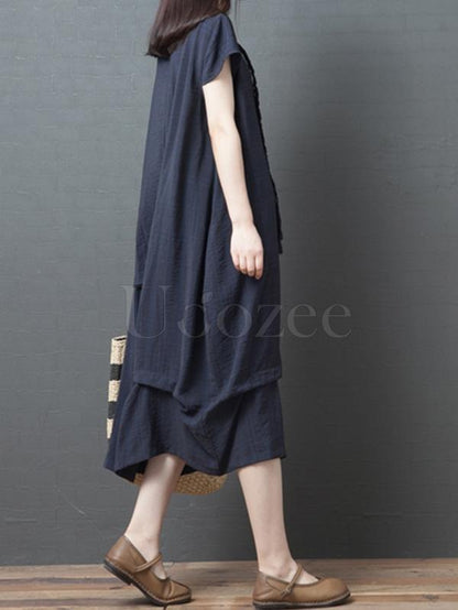 Casual Solid Ruffled Round-neck Midi Dress