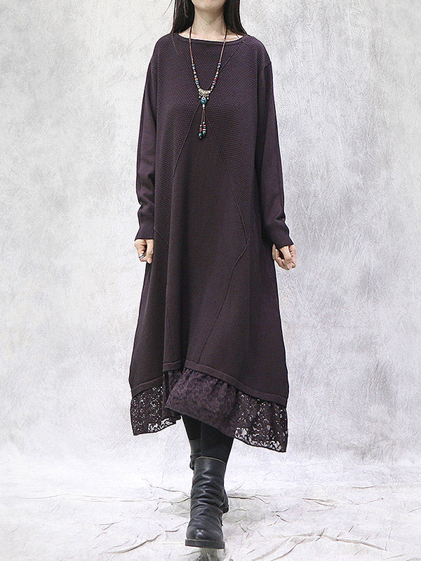 Artistic Retro Solid Color Split-Joint Embroidered Hollow Lace Round-Neck Long Sleeves Knitted Sweater Dress