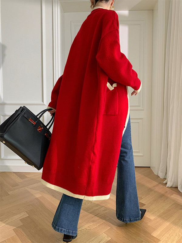 Stylish Loose Long Sleeves Split-Joint V-Neck With Pockets Cardigan Tops