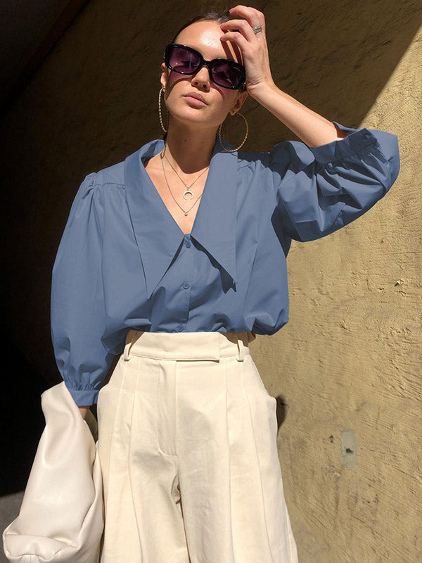 Urban Solid Color Split-Joint Pleated Lapel Collar Bishop Sleeves Shirt