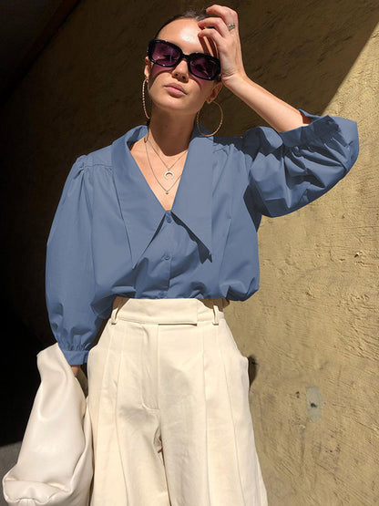 Urban Solid Color Split-Joint Pleated Lapel Collar Bishop Sleeves Shirt