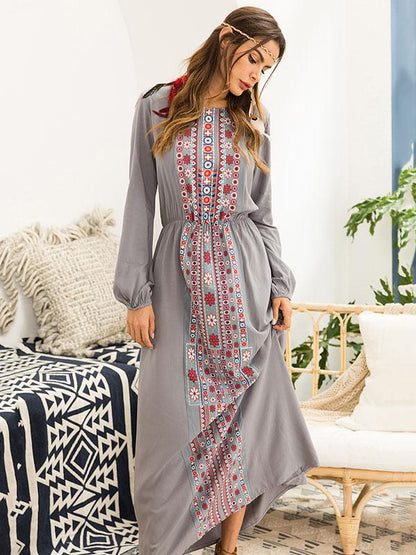 Round-neck Long Sleeves Printed Maxi Dress