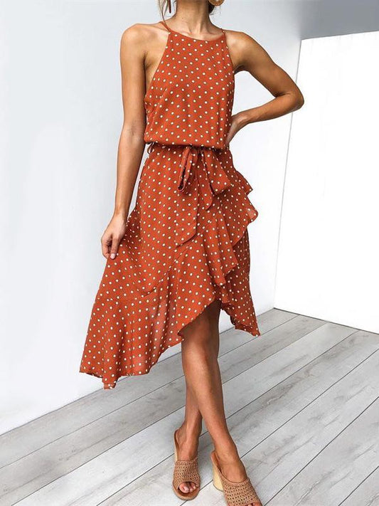 Polka-Dot  Printed  Irregular Hem  Sleeveless Midi Dress
