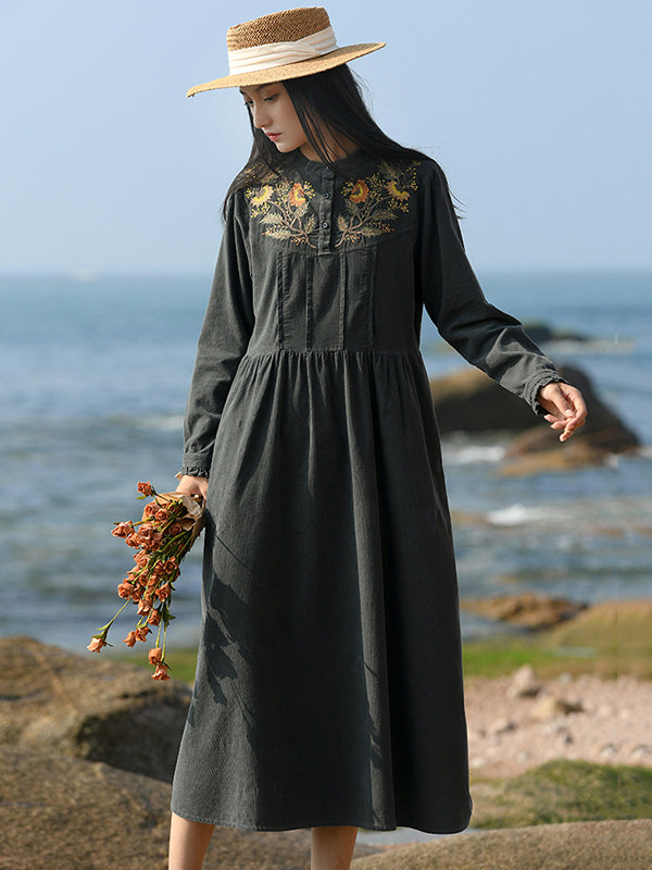 Vintage A-Line Loose Embroidered Stand Collar Midi Dresses