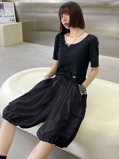 Stylish Loose Elastics High Waisted With Pocket Short Knickerbockers