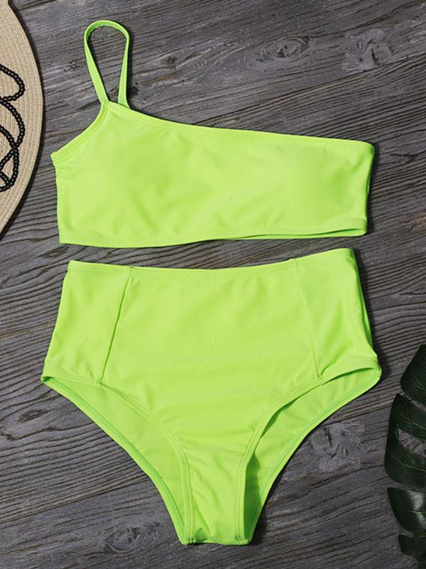 One-Shoulder Solid Color Split Bikini Swimsuit