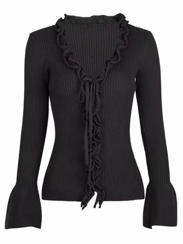 V-Neck Flared Sleeves Lotus Leaf Edge Knitting Blouse