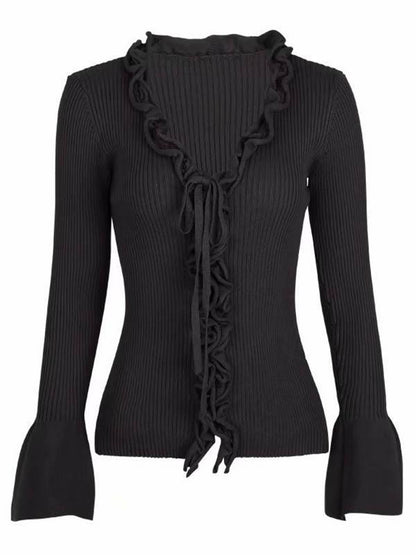 V-Neck Flared Sleeves Lotus Leaf Edge Knitting Blouse