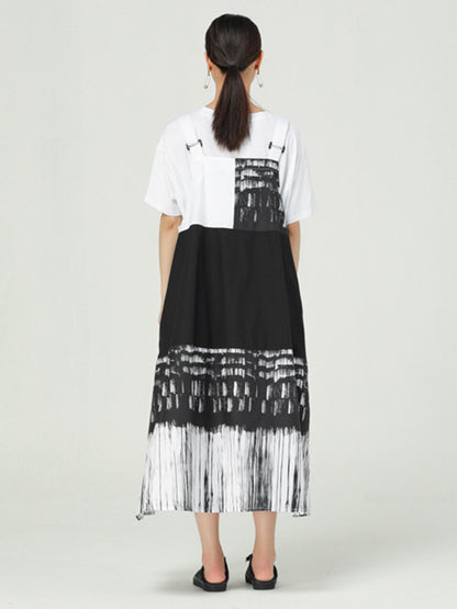 Stylish Irregular Graffiti Printed Split-Joint Strap Dress