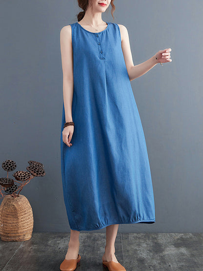 Simple Casual Denim Solid Color Midi Dress