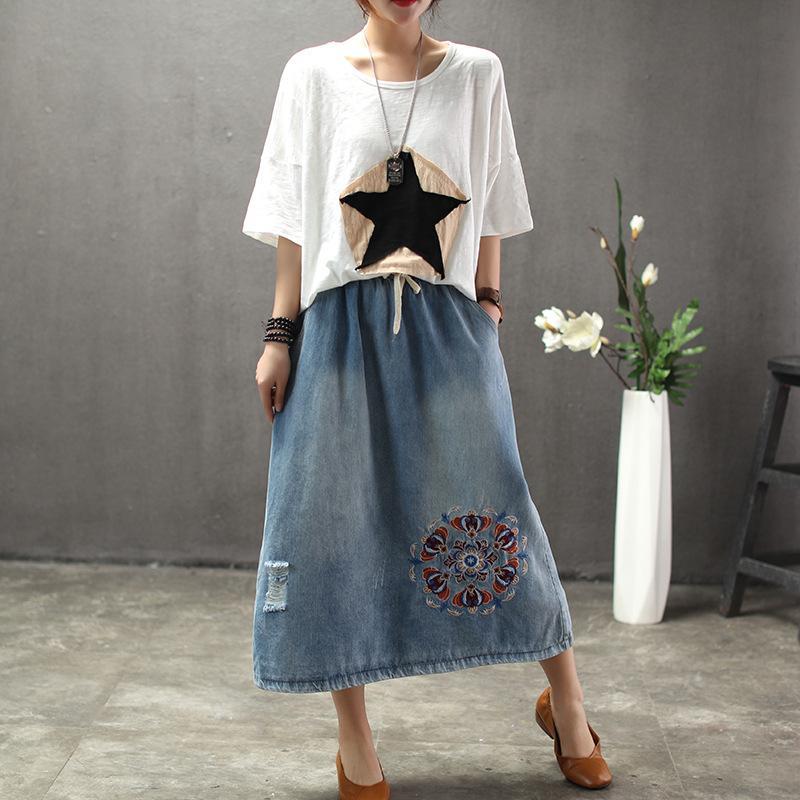 Denim Floral Embroidery A-Line Women Skirt