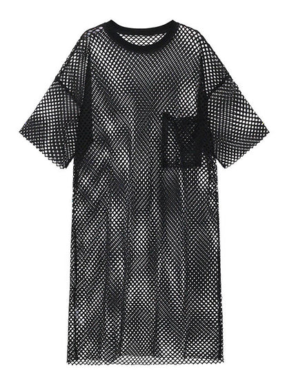 Stylish Hollow Mesh H-Line Short Sleeves Round-Neck Midi Dress